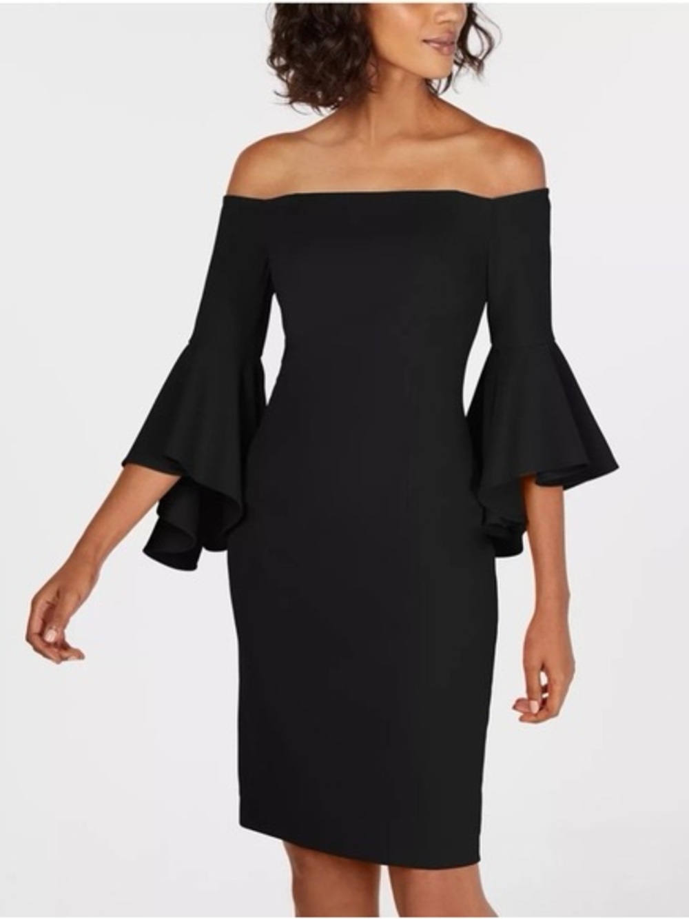 Calvin Klein Off-the-Shoulder Black Sheath Bell Sleeve Dress
